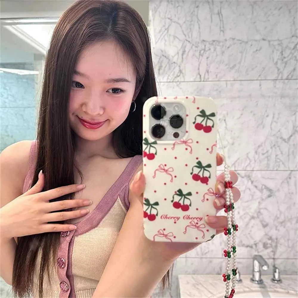 Cute Phone Cases for iPhone 15, 14, 13, 12, 11 Pro Max, and 14 and 15 Plus - Cherry Bowknot Bracelet Cover - TSP345