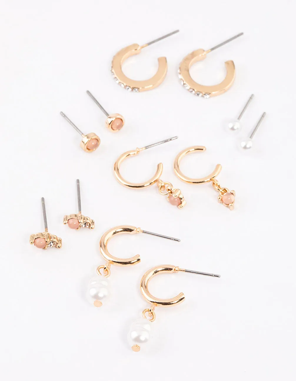 Gold Blush Diamante Pearl Earrings 6-Pack