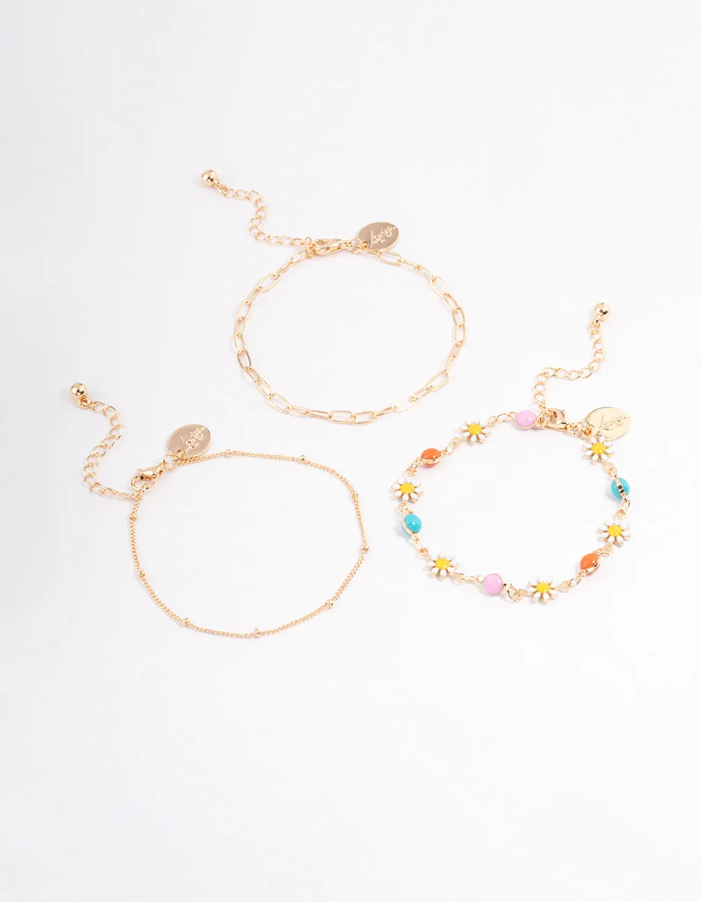 Gold Colourful Daisy & Chain Bracelet Pack