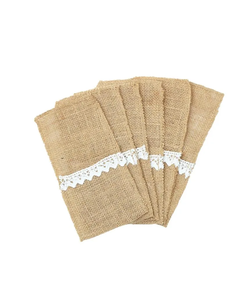 Jute Cutlery Holders Pocket With Lace | Set of 6 | 6 x 3 inches