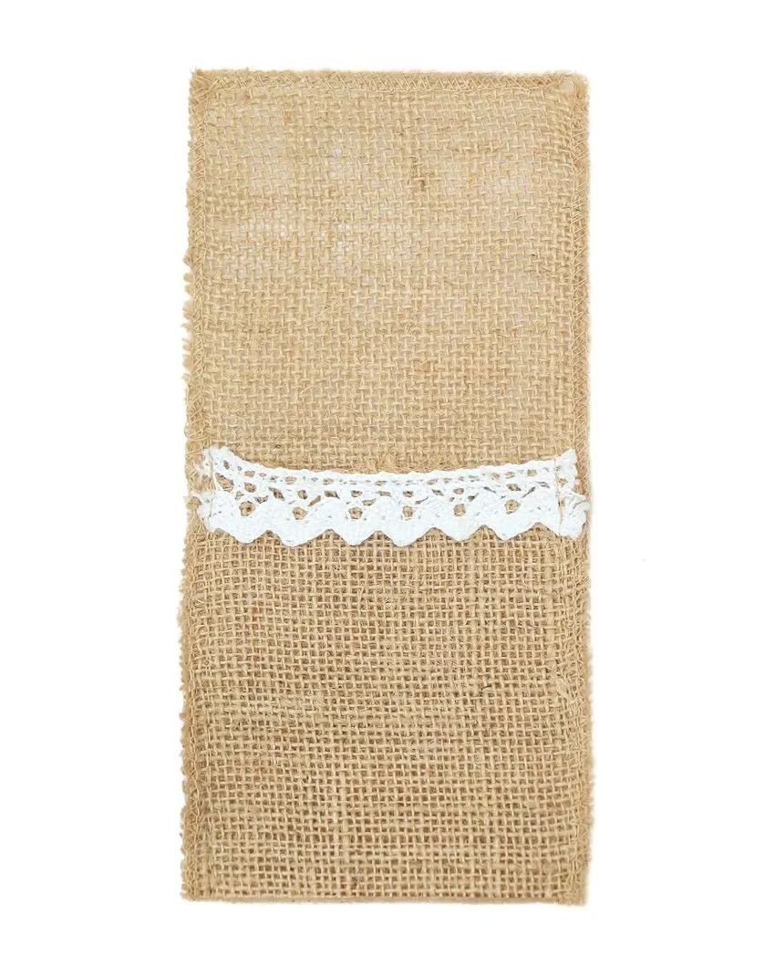 Jute Cutlery Holders Pocket With Lace | Set of 6 | 6 x 3 inches