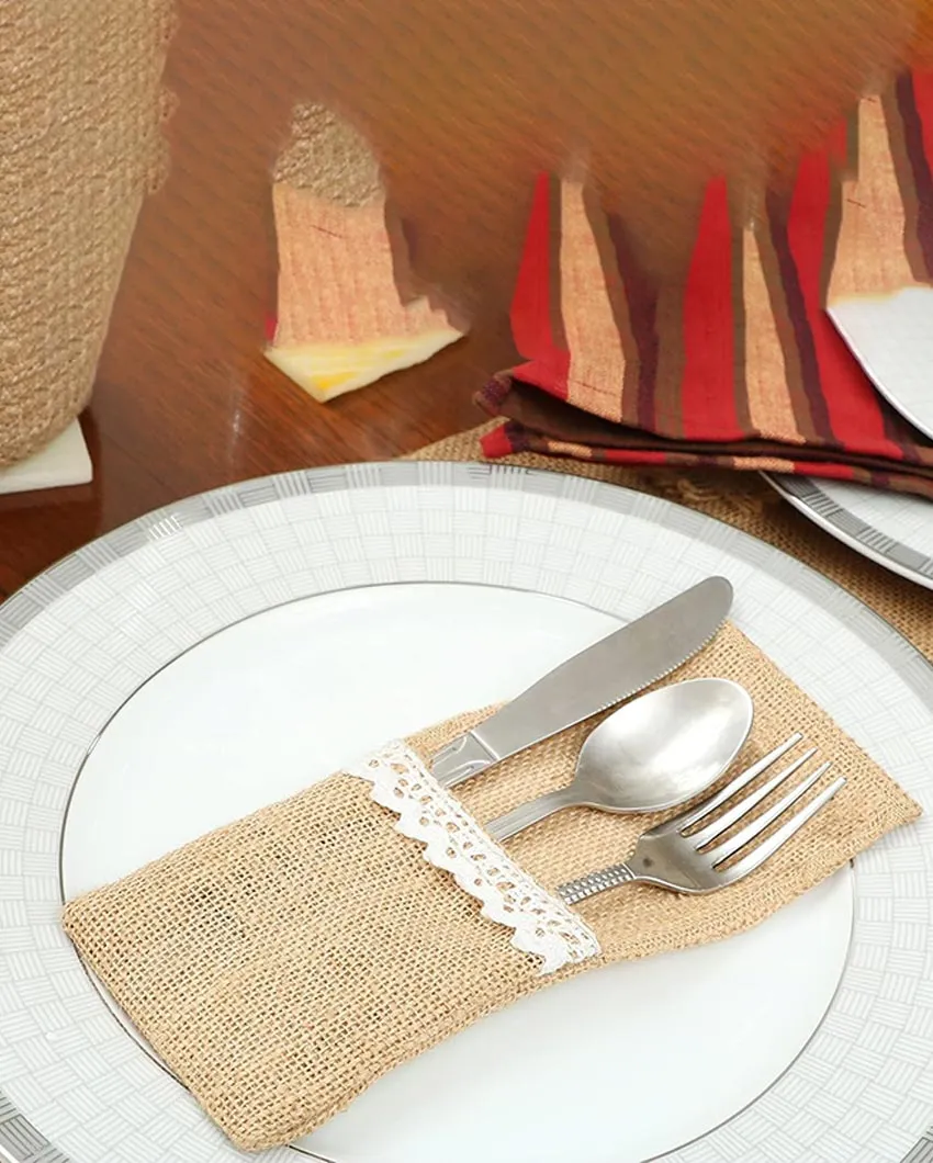 Jute Cutlery Holders Pocket With Lace | Set of 6 | 6 x 3 inches