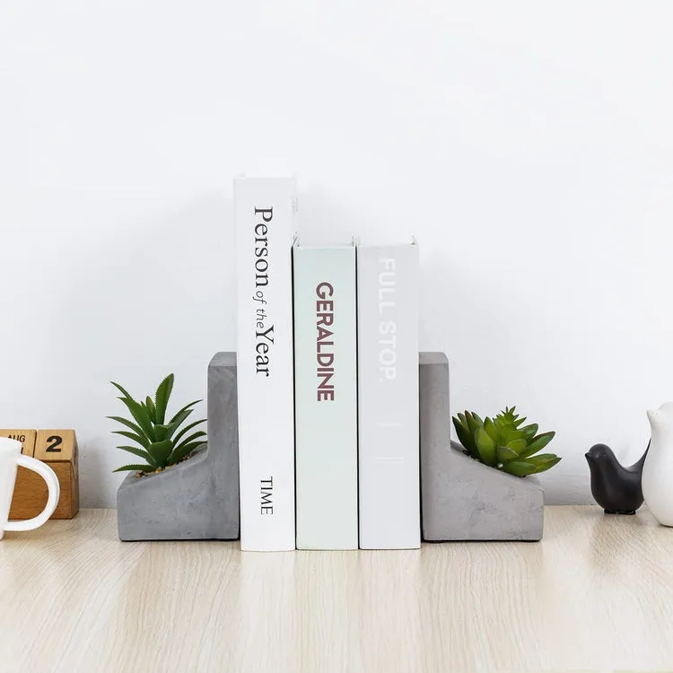 L-Shaped Concrete Bookends with Artificial Succulent Plants, Desktop Heavy Duty Book Stands