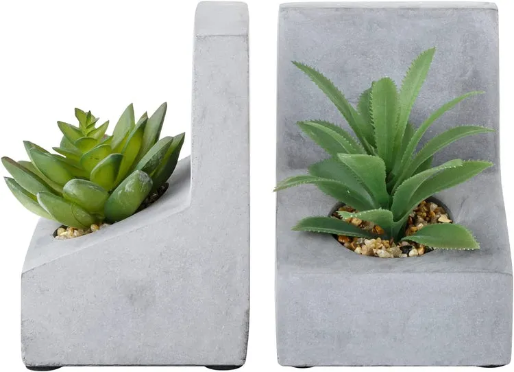 L-Shaped Concrete Bookends with Artificial Succulent Plants, Desktop Heavy Duty Book Stands