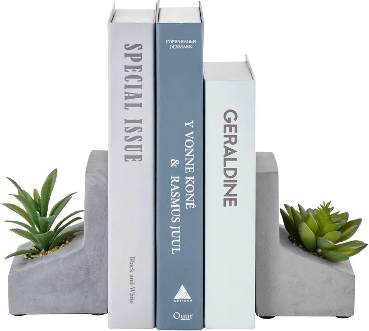 L-Shaped Concrete Bookends with Artificial Succulent Plants, Desktop Heavy Duty Book Stands