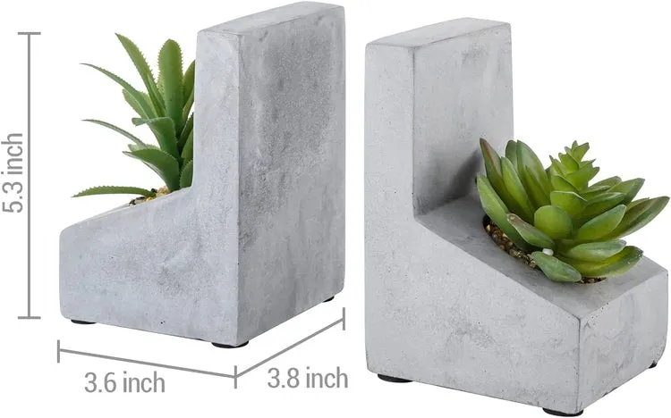 L-Shaped Concrete Bookends with Artificial Succulent Plants, Desktop Heavy Duty Book Stands