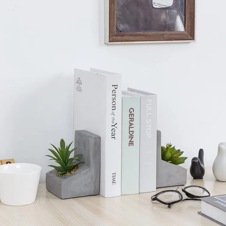 L-Shaped Concrete Bookends with Artificial Succulent Plants, Desktop Heavy Duty Book Stands