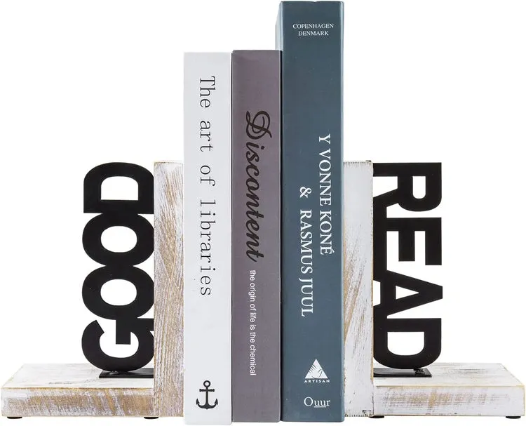 L-Shaped Decorative Bookends, Whitewashed Wood and Matte Black Metal Book Holders with GOOD and READ Block Letter Design