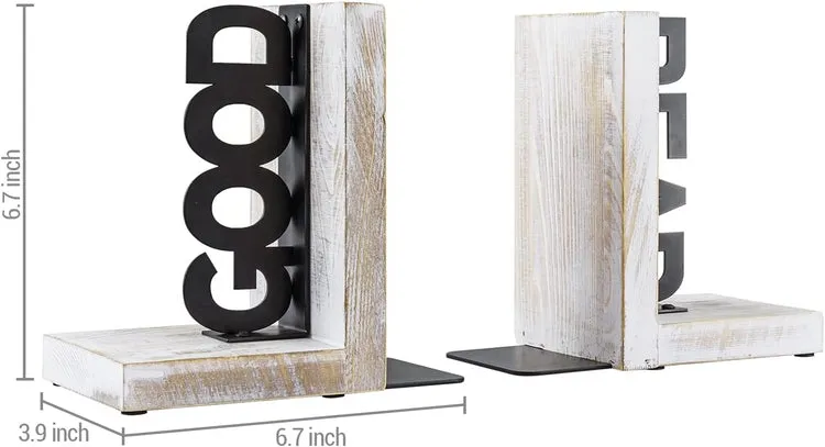 L-Shaped Decorative Bookends, Whitewashed Wood and Matte Black Metal Book Holders with GOOD and READ Block Letter Design