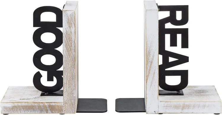 L-Shaped Decorative Bookends, Whitewashed Wood and Matte Black Metal Book Holders with GOOD and READ Block Letter Design