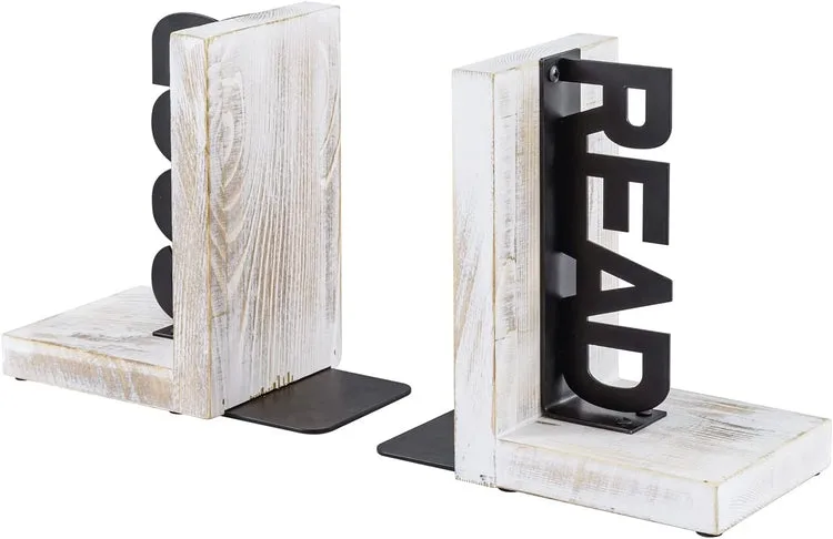 L-Shaped Decorative Bookends, Whitewashed Wood and Matte Black Metal Book Holders with GOOD and READ Block Letter Design