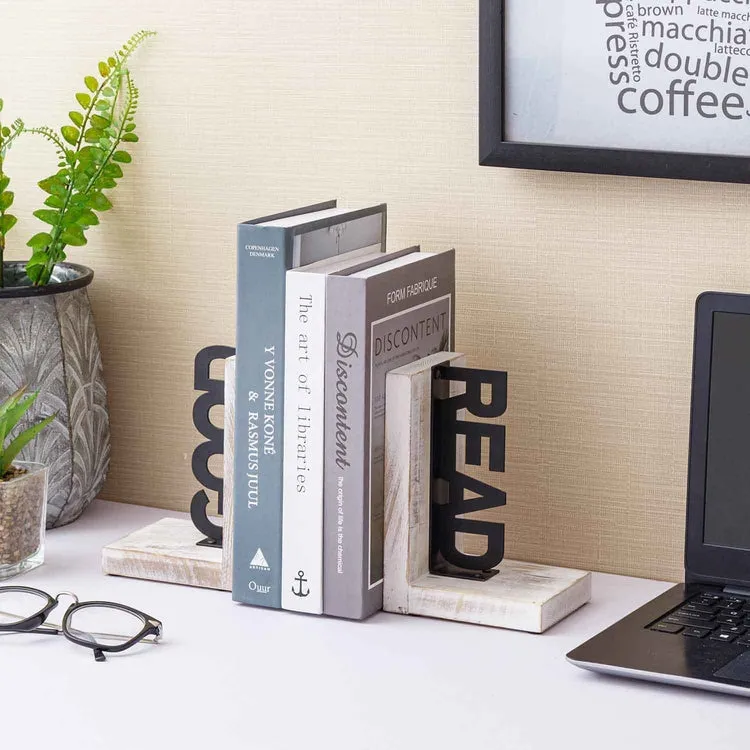 L-Shaped Decorative Bookends, Whitewashed Wood and Matte Black Metal Book Holders with GOOD and READ Block Letter Design