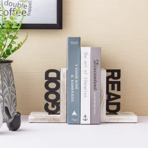 L-Shaped Decorative Bookends, Whitewashed Wood and Matte Black Metal Book Holders with GOOD and READ Block Letter Design