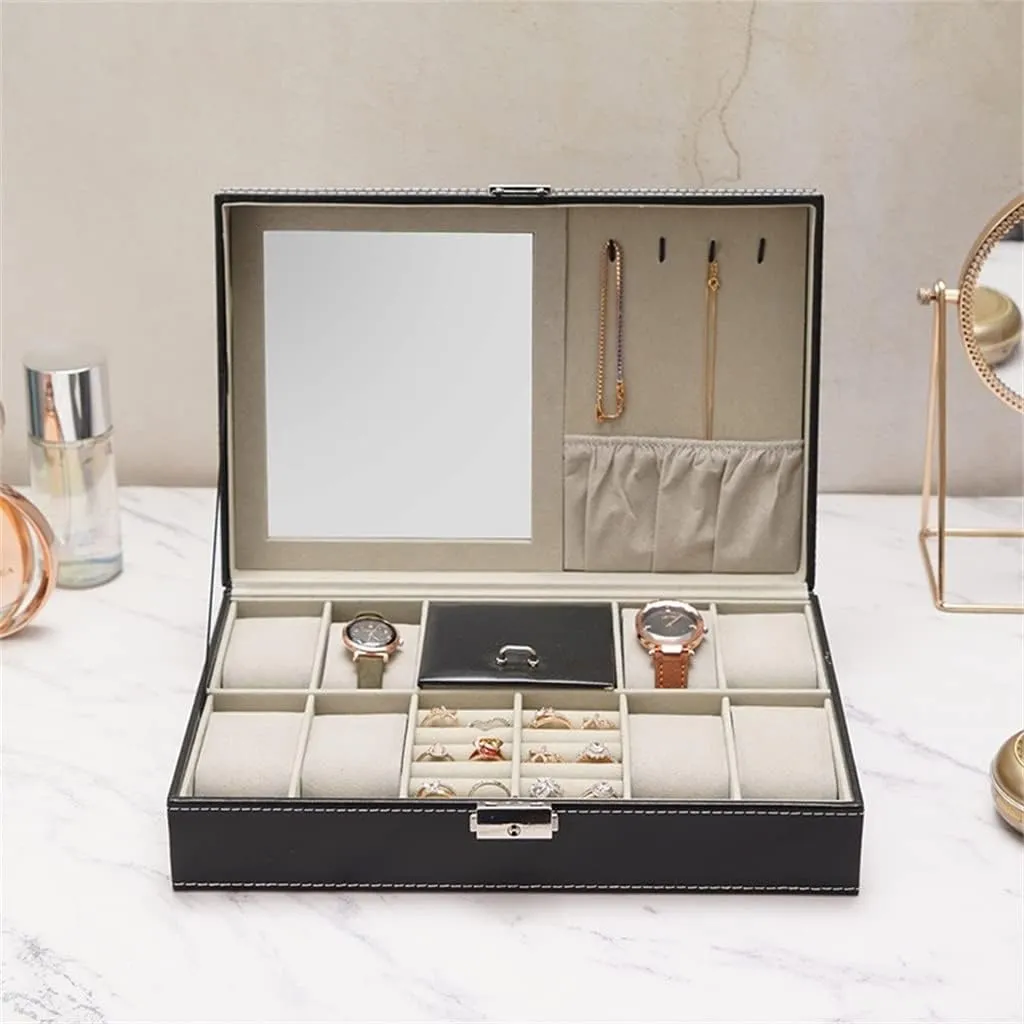 Leather 8-Slot Watch Organizer With Jewelry Slots And Mirror Blwl0049