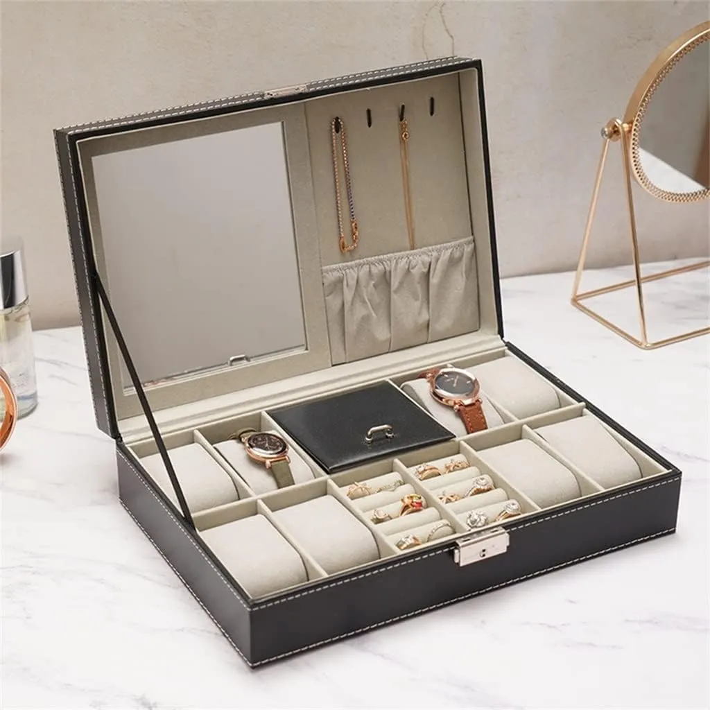 Leather 8-Slot Watch Organizer With Jewelry Slots And Mirror Blwl0049