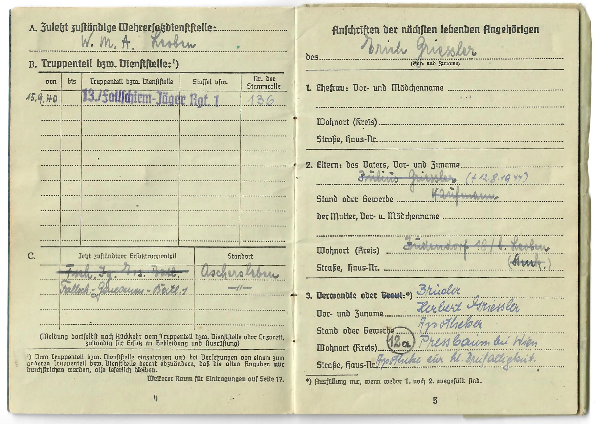 Original German WWII Luftwaffe Fallschirmjäger Paratrooper Soldbuch ID & Pay Book with Photos - USGI Captured in Po Valley April 1945