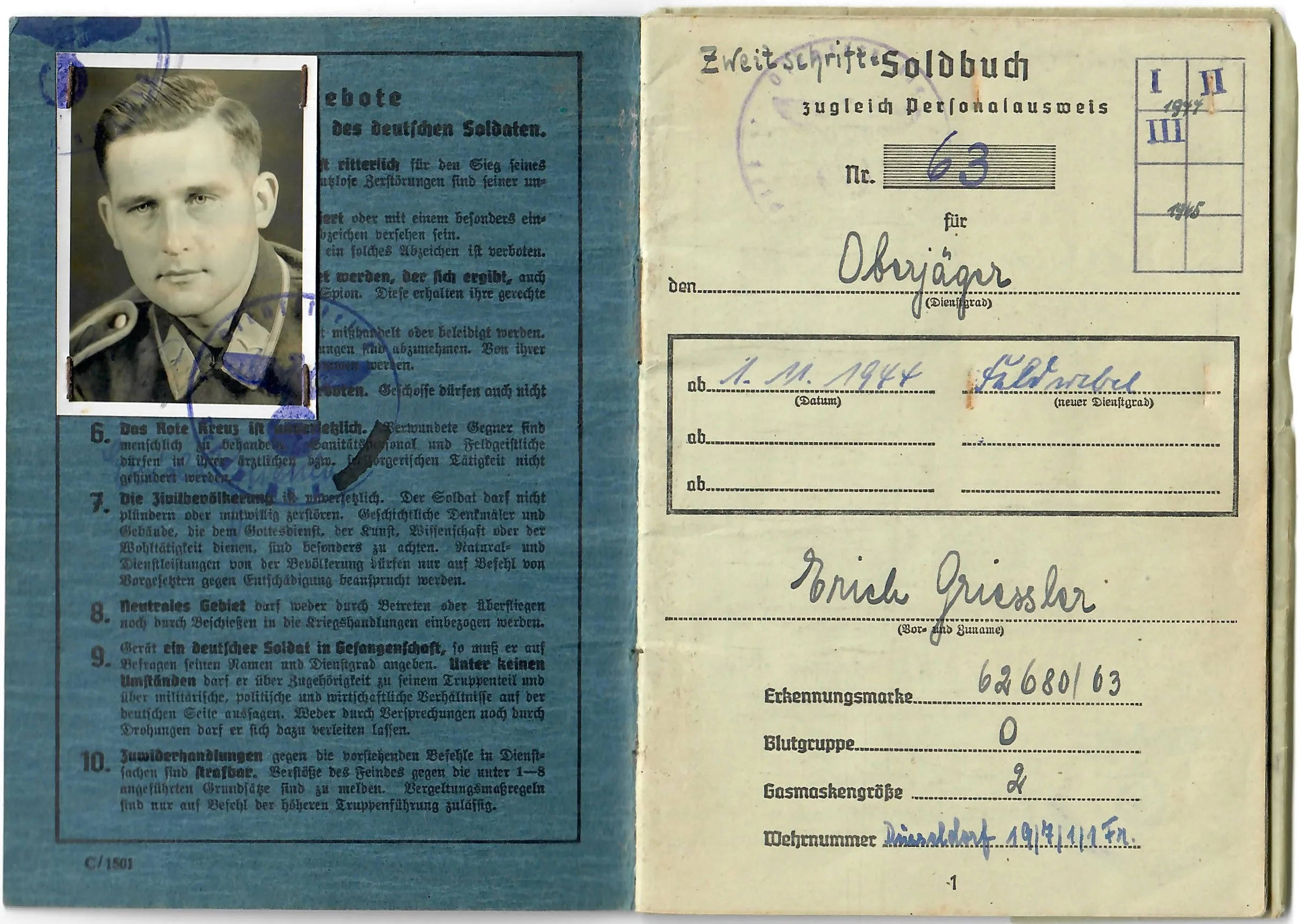 Original German WWII Luftwaffe Fallschirmjäger Paratrooper Soldbuch ID & Pay Book with Photos - USGI Captured in Po Valley April 1945