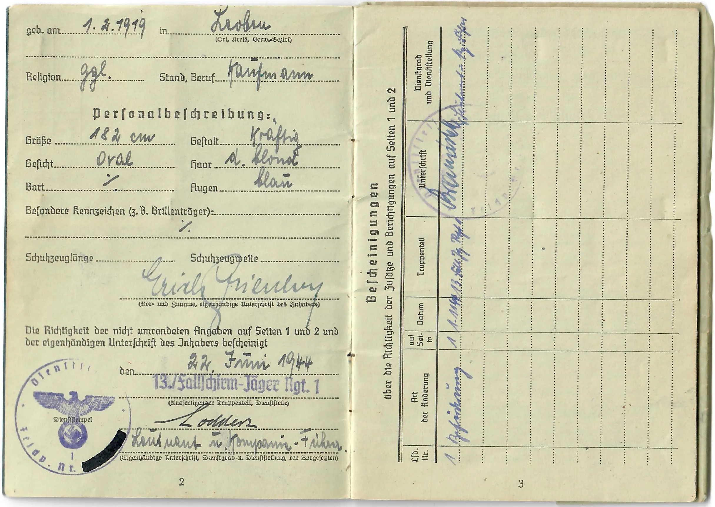 Original German WWII Luftwaffe Fallschirmjäger Paratrooper Soldbuch ID & Pay Book with Photos - USGI Captured in Po Valley April 1945