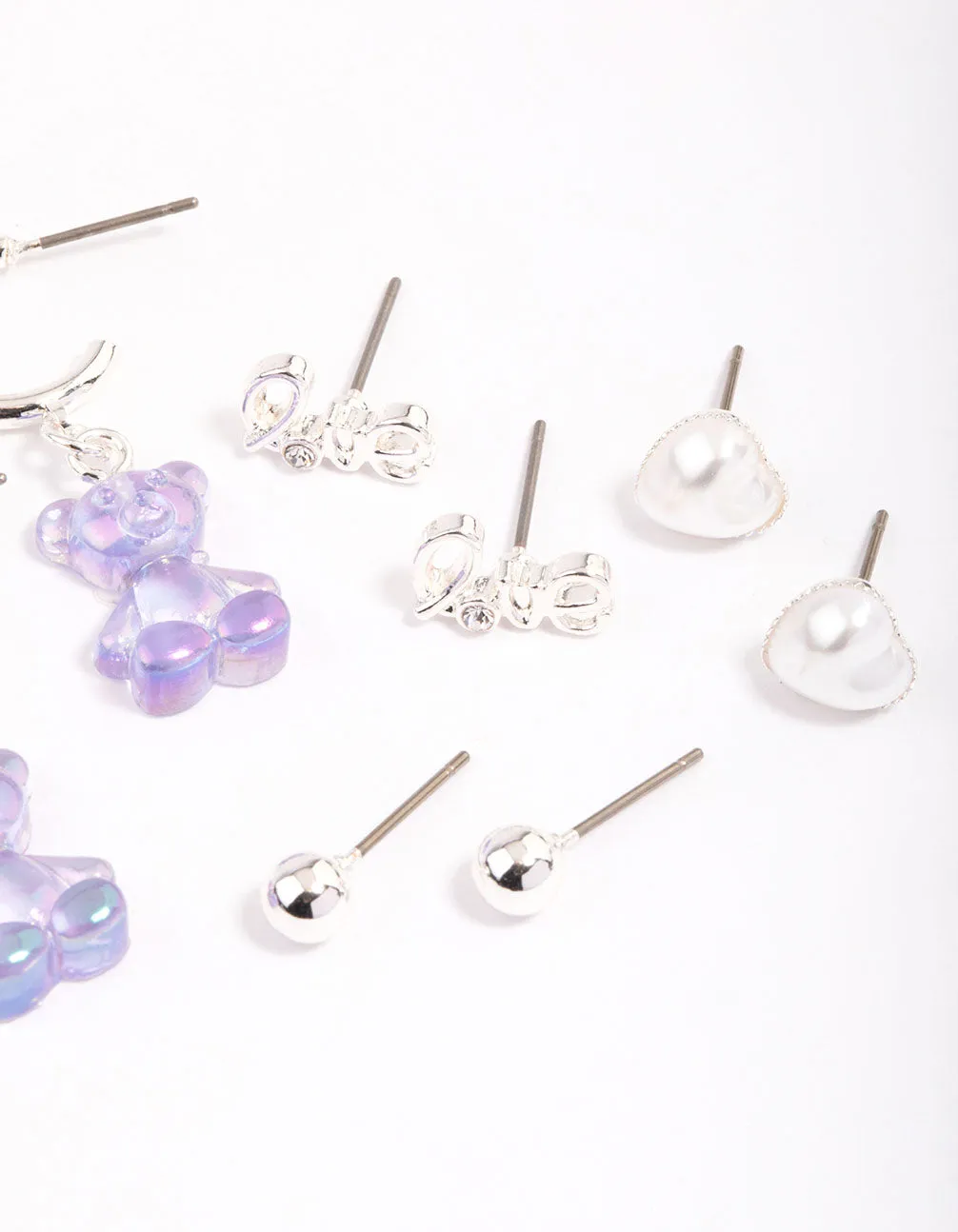 Silver Purple Cute Love Earrings 6-Pack