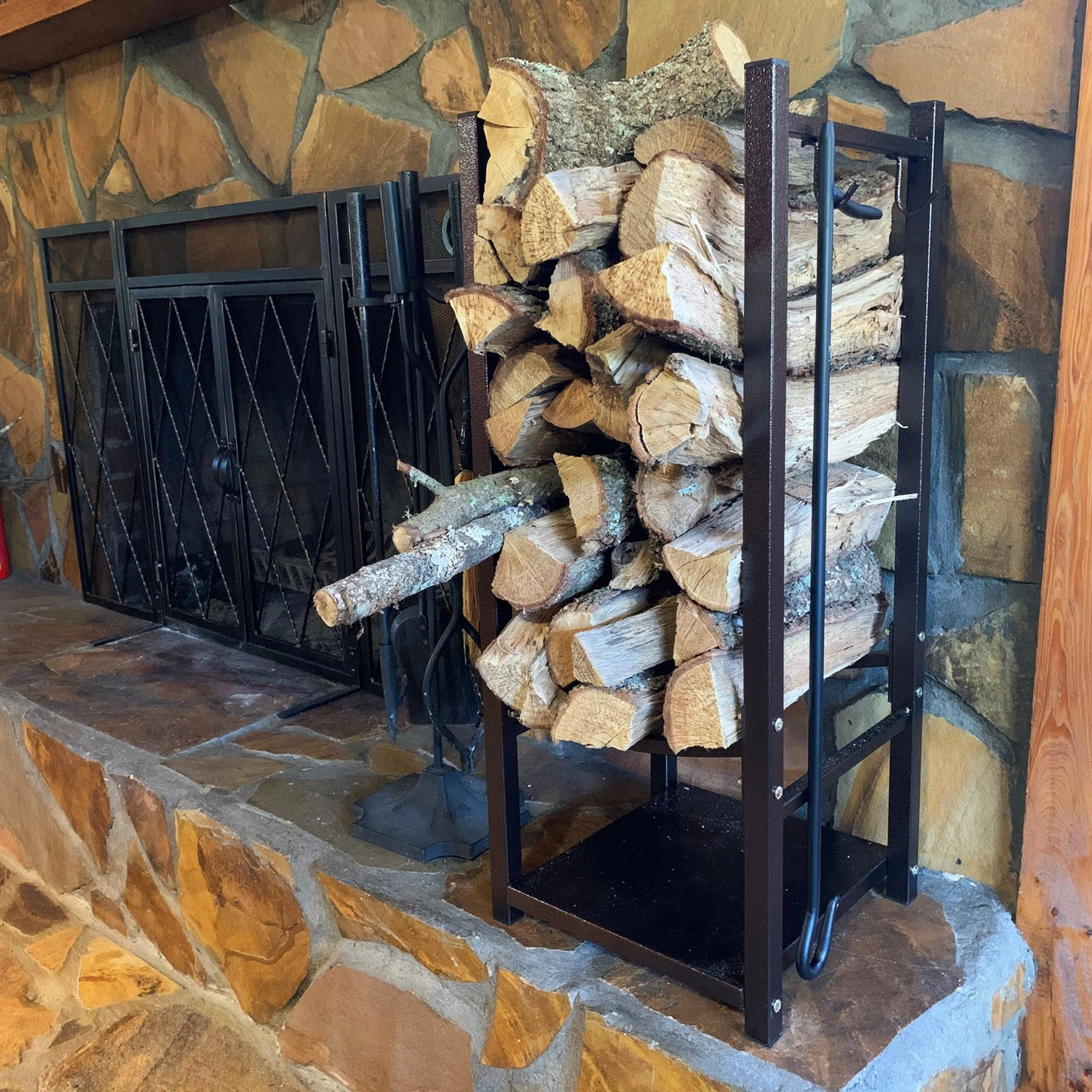 Sunnydaze Outdoor Firewood Storage Rack with Tool Holders