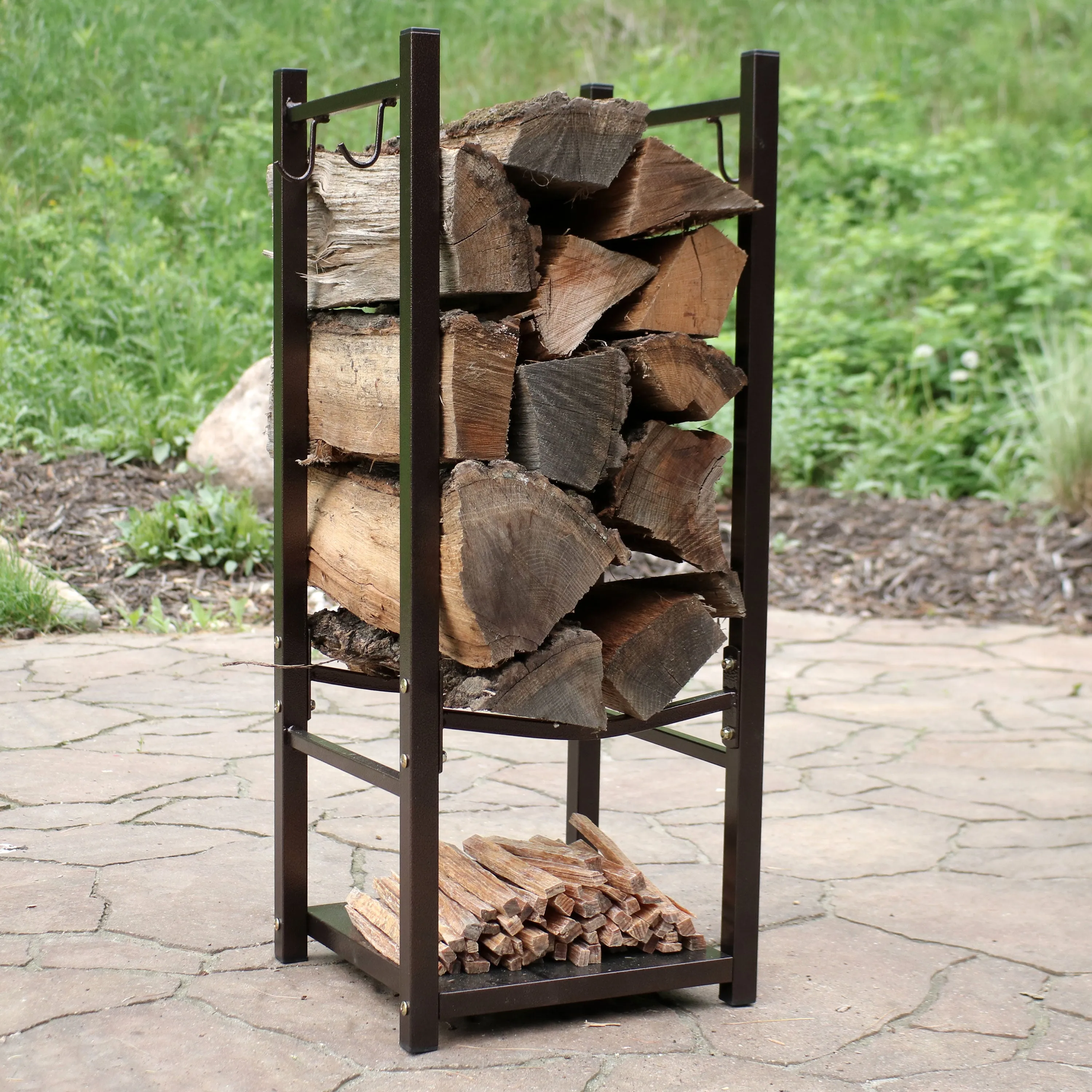 Sunnydaze Outdoor Firewood Storage Rack with Tool Holders